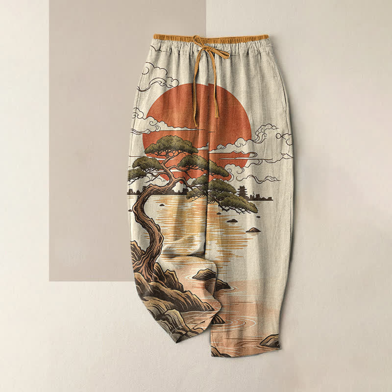 Buddha Stones Pantalones de mujer de algodón puro con estampado artístico de pinos al atardecer y cintura elástica con bolsillos. - vara de oro - US16，UK/AU20，EU48 (3XL) - image 4