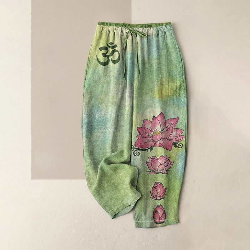 Buddha Stones Pantalones de mujer de algodón puro con estampado Zen Om Lotus Bloom, cintura elástica y bolsillos. - Verde claro - US16，UK/AU20，EU48 (3XL) - image 0