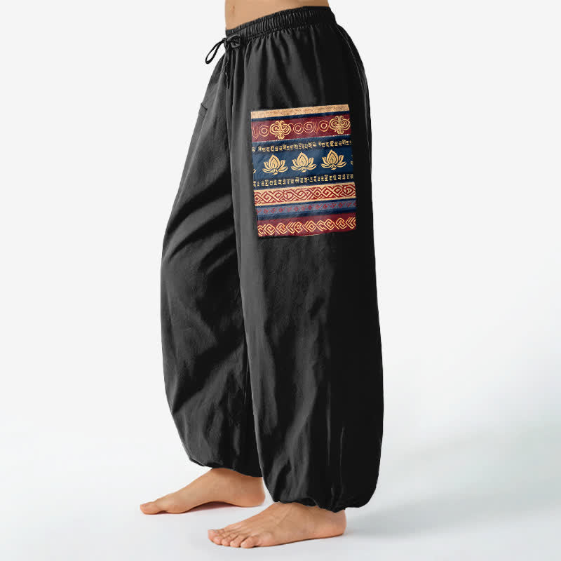 Buddha Stones Pantalones harem de algodón con estampado geométrico de loto estilo bohemio para mujer, cintura elástica y bolsillos laterales. - image 1