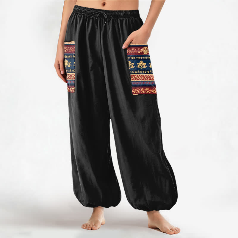 Buddha Stones Pantalones harem de algodón con estampado geométrico de loto estilo bohemio para mujer, cintura elástica y bolsillos laterales. - Negro - US16，UK/AU20，EU48 (3XL) - image 0