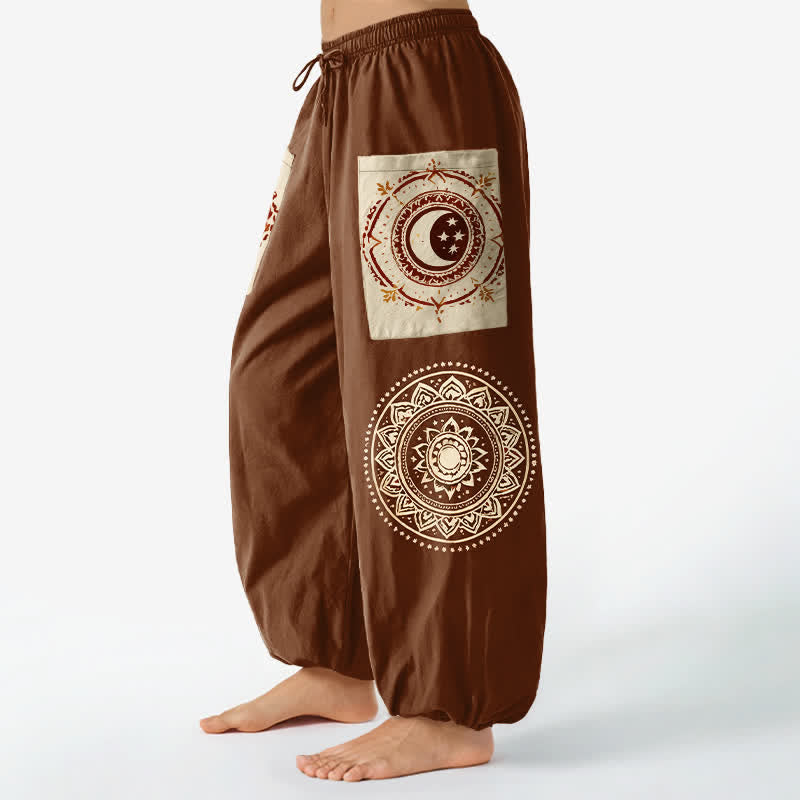 Buddha Stones Pantalones harem de algodón estilo bohemio con estampado de mandala y fases lunares para mujer, con cintura elástica y bolsillos laterales. - image 1
