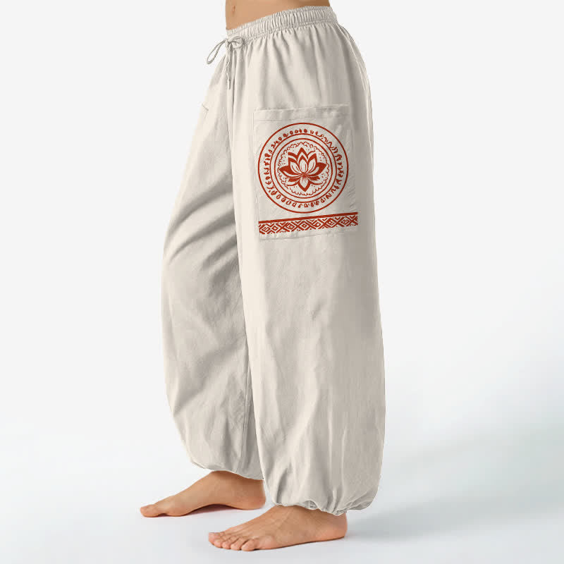 Buddha Stones Pantalones harem de algodón con estampado de mandala de loto para mujer, cintura elástica y bolsillos laterales. - Beige - US16，UK/AU20，EU48 (3XL) - image 0