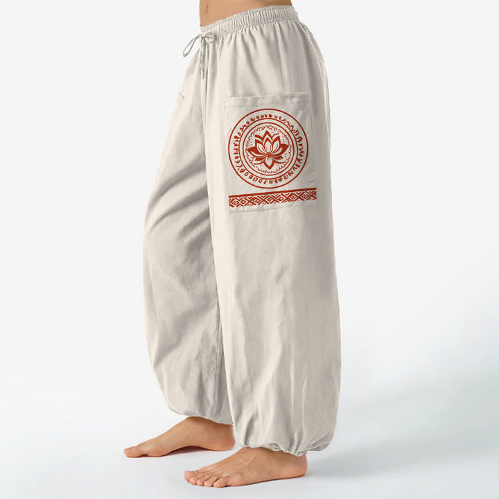 Buddha Stones Pantalones harem de algodón con estampado de mandala de loto para mujer, cintura elástica y bolsillos laterales. - Beige - US16，UK/AU20，EU48 (3XL) - image 0