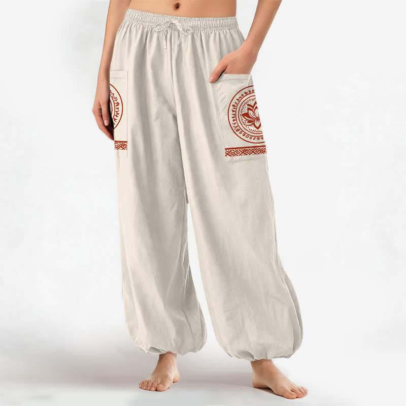 Buddha Stones Pantalones harem de algodón con estampado de mandala de loto para mujer, cintura elástica y bolsillos laterales. - image 1