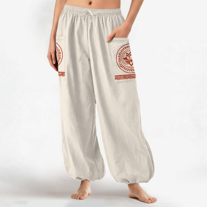 Buddha Stones Pantalones harem de algodón con estampado de mandala de loto para mujer, cintura elástica y bolsillos laterales. - image 1