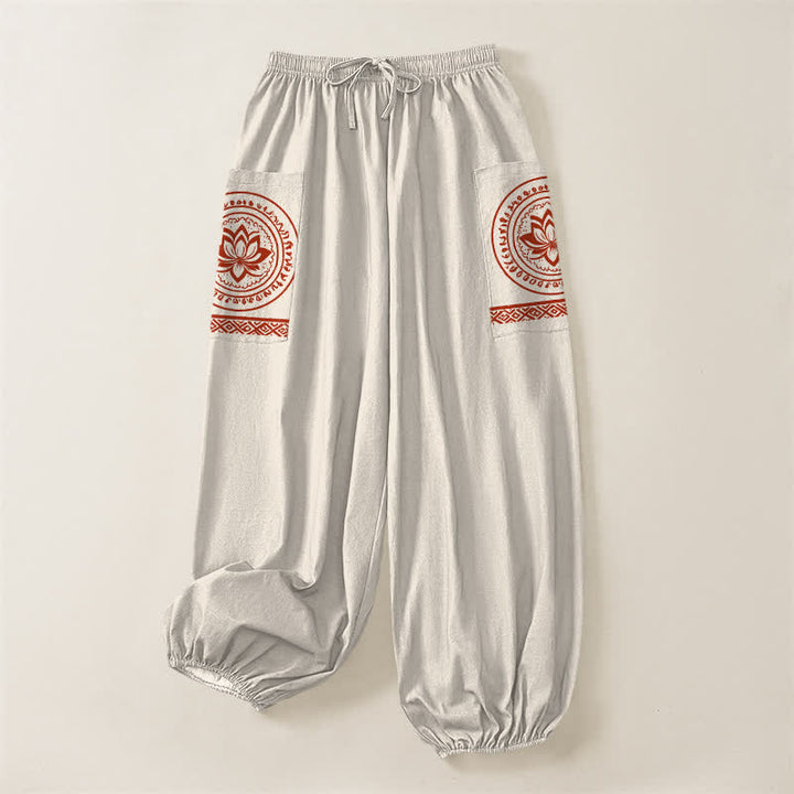 Buddha Stones Pantalones harem de algodón con estampado de mandala de loto para mujer, cintura elástica y bolsillos laterales. - image 3
