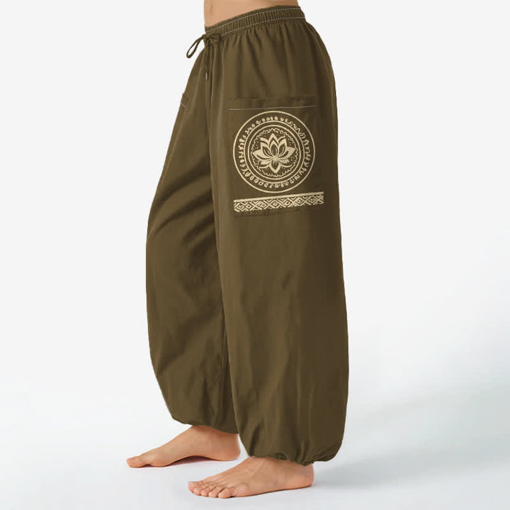 Buddha Stones Pantalones harem de algodón con estampado de mandala de loto para mujer, cintura elástica y bolsillos laterales. - Aceituna - US16，UK/AU20，EU48 (3XL) - image 7