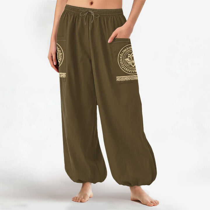 Buddha Stones Pantalones harem de algodón con estampado de mandala de loto para mujer, cintura elástica y bolsillos laterales. - image 8
