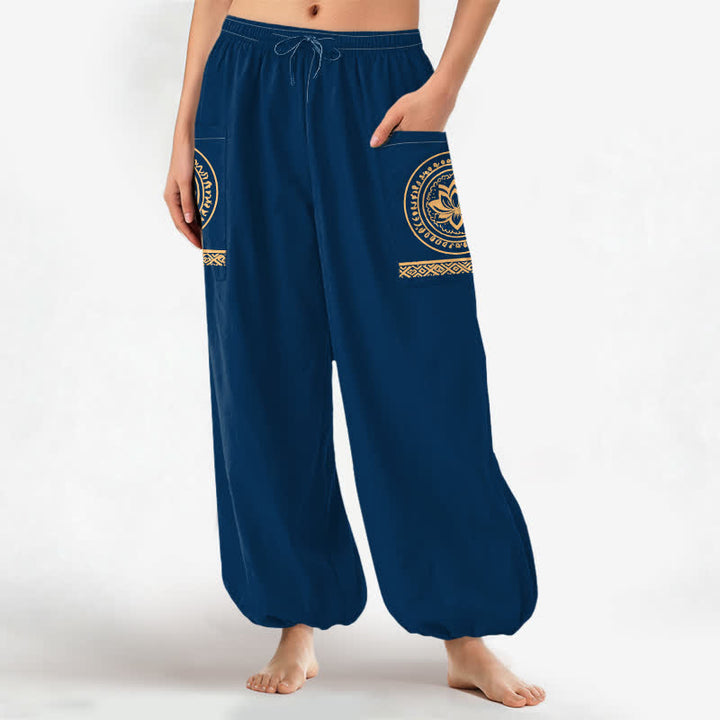 Buddha Stones Pantalones harem de algodón con estampado de mandala de loto para mujer, cintura elástica y bolsillos laterales. - image 11