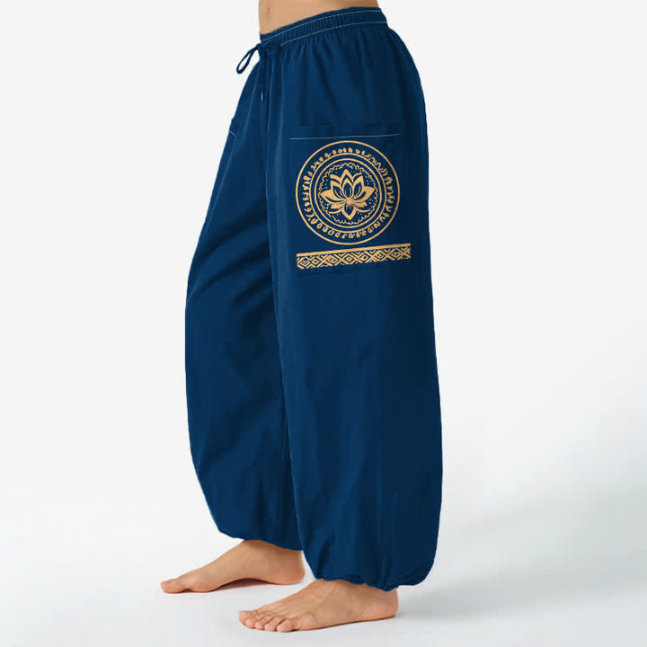 Buddha Stones Pantalones harem de algodón con estampado de mandala de loto para mujer, cintura elástica y bolsillos laterales. - Marina de guerra - US16，UK/AU20，EU48 (3XL) - image 10