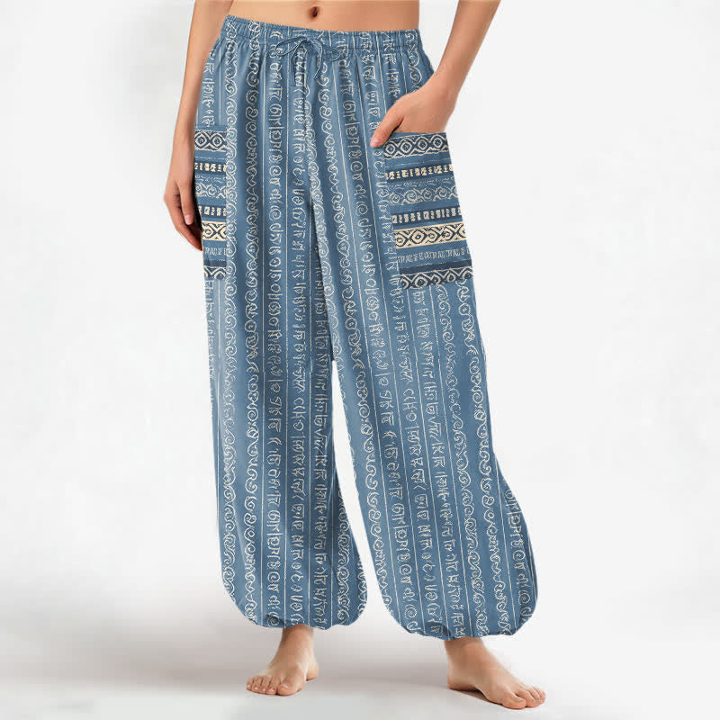 Buddha Stones Pantalones harem de algodón con estampado geométrico étnico de rayas para mujer, cintura elástica y bolsillos laterales. - Celeste - US16，UK/AU20，EU48 (3XL) - image 0