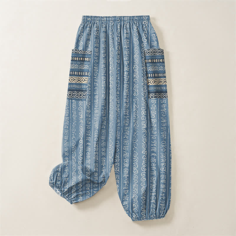 Buddha Stones Pantalones harem de algodón con estampado geométrico étnico de rayas para mujer, cintura elástica y bolsillos laterales. - image 4