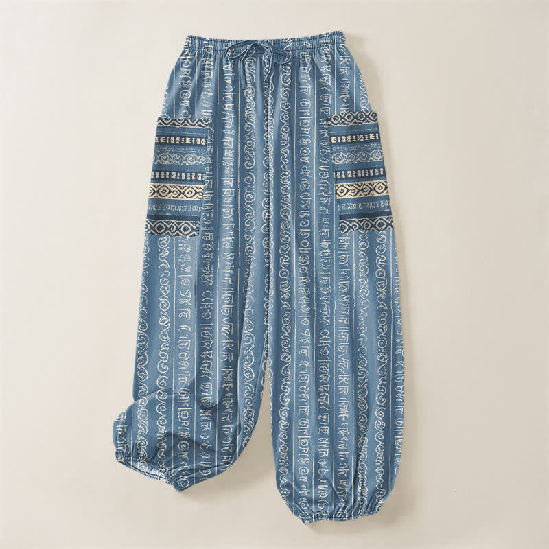 Buddha Stones Pantalones harem de algodón con estampado geométrico étnico de rayas para mujer, cintura elástica y bolsillos laterales. - image 3