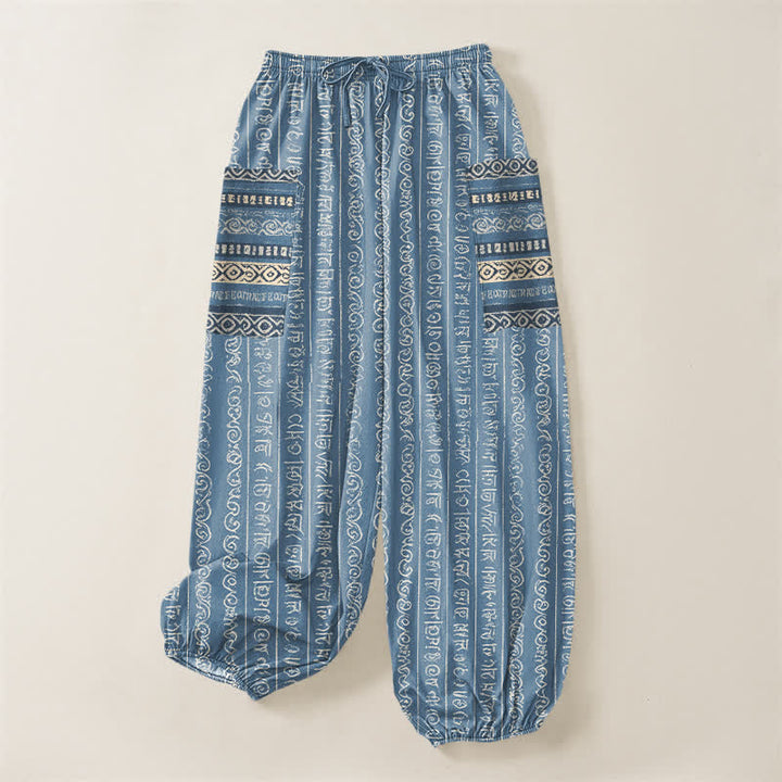 Buddha Stones Pantalones harem de algodón con estampado geométrico étnico de rayas para mujer, cintura elástica y bolsillos laterales. - image 3