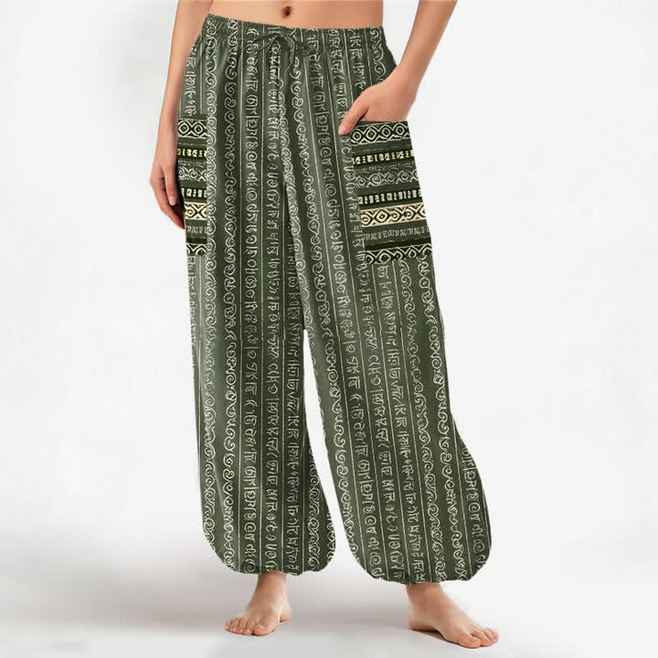 Buddha Stones Pantalones harem de algodón con estampado geométrico étnico de rayas para mujer, cintura elástica y bolsillos laterales. - Verde oliva - US16，UK/AU20，EU48 (3XL) - image 7