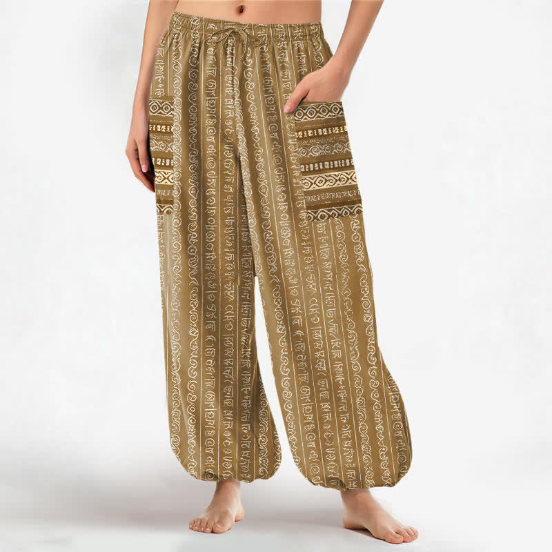 Buddha Stones Pantalones harem de algodón con estampado geométrico étnico de rayas para mujer, cintura elástica y bolsillos laterales. - Vara de oro oscura - US16，UK/AU20，EU48 (3XL) - image 10