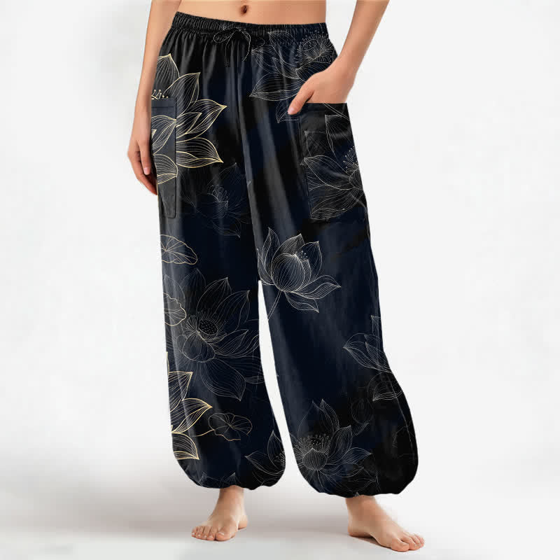 Buddha Stones Pantalones harem de mujer con cintura elástica y bolsillos laterales, estampado floral de loto de algodón. - Negro - US16，UK/AU20，EU48 (3XL) - image 0