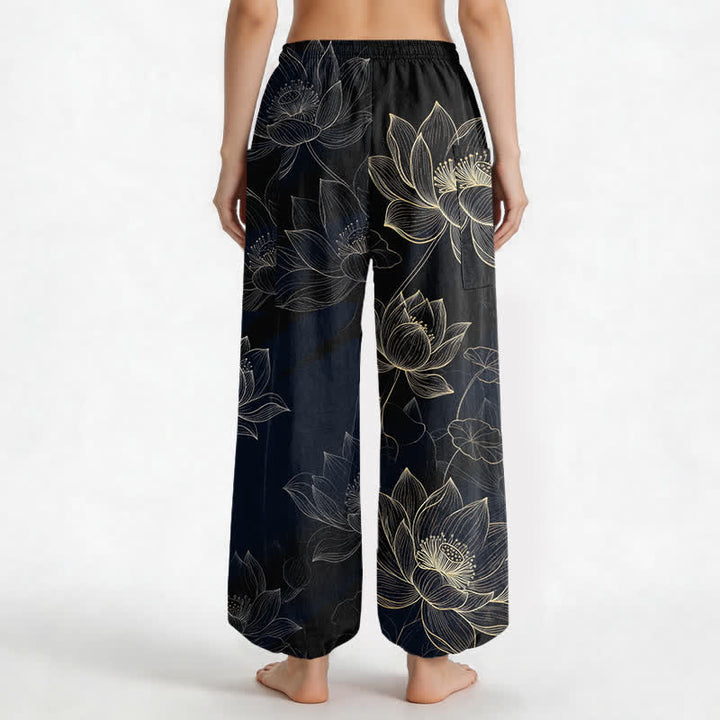 Buddha Stones Pantalones harem de mujer con cintura elástica y bolsillos laterales, estampado floral de loto de algodón. - image 2