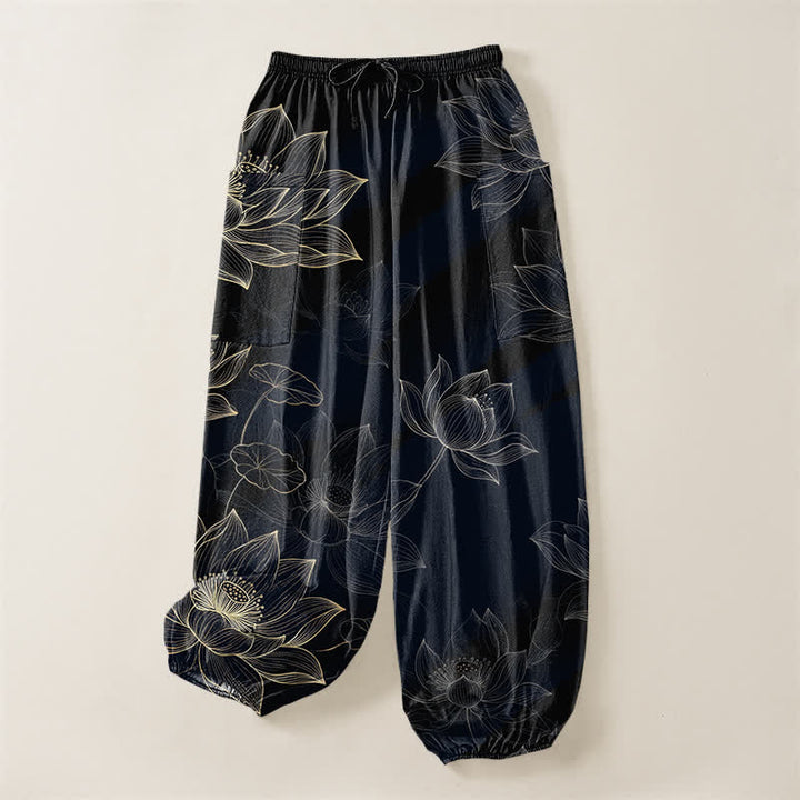 Buddha Stones Pantalones harem de mujer con cintura elástica y bolsillos laterales, estampado floral de loto de algodón. - image 3