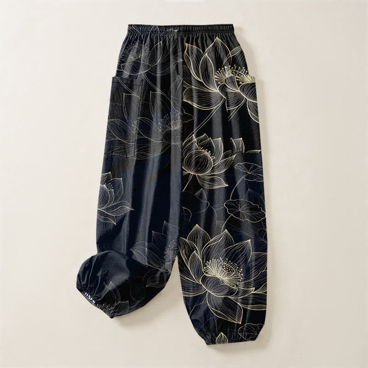 Buddha Stones Pantalones harem de mujer con cintura elástica y bolsillos laterales, estampado floral de loto de algodón. - image 4
