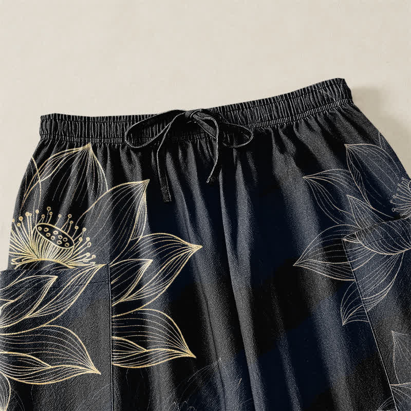 Buddha Stones Pantalones harem de mujer con cintura elástica y bolsillos laterales, estampado floral de loto de algodón. - image 5