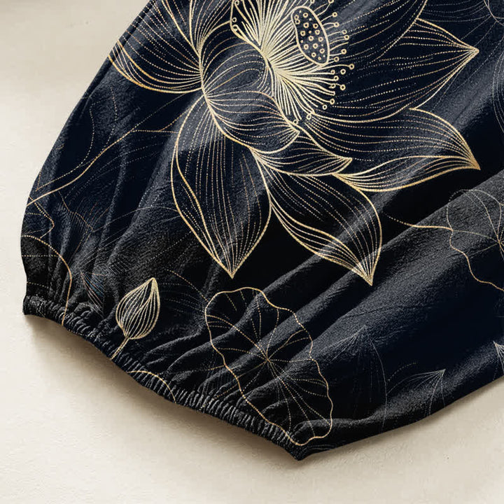 Buddha Stones Pantalones harem de mujer con cintura elástica y bolsillos laterales, estampado floral de loto de algodón. - image 6