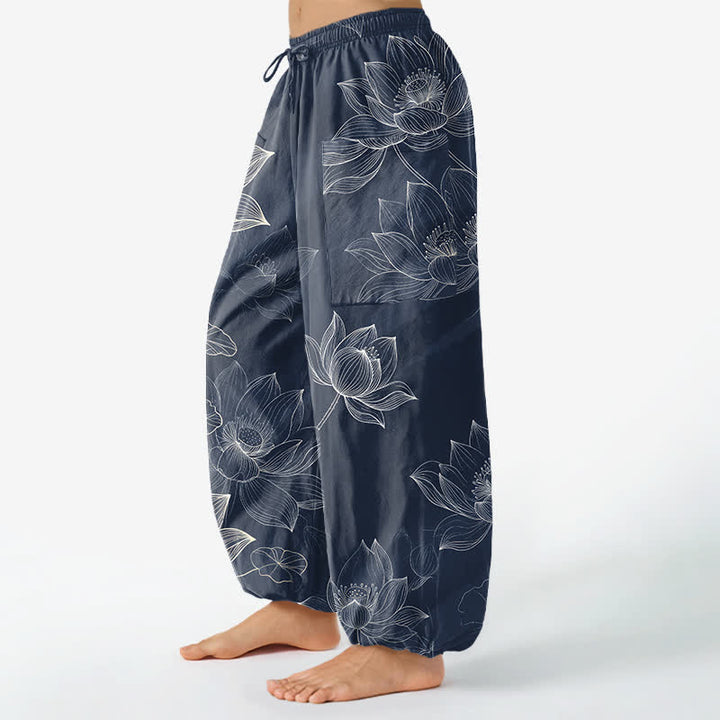 Buddha Stones Pantalones harem de mujer con cintura elástica y bolsillos laterales, estampado floral de loto de algodón. - image 8