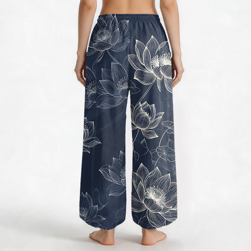 Buddha Stones Pantalones harem de mujer con cintura elástica y bolsillos laterales, estampado floral de loto de algodón. - image 9