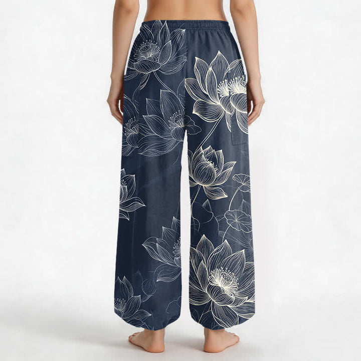 Buddha Stones Pantalones harem de mujer con cintura elástica y bolsillos laterales, estampado floral de loto de algodón. - image 9