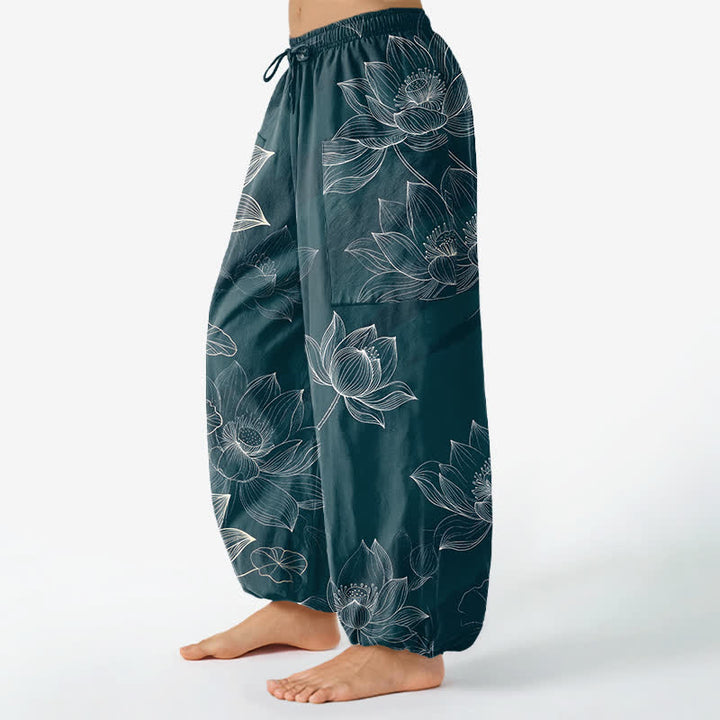 Buddha Stones Pantalones harem de mujer con cintura elástica y bolsillos laterales, estampado floral de loto de algodón. - image 11
