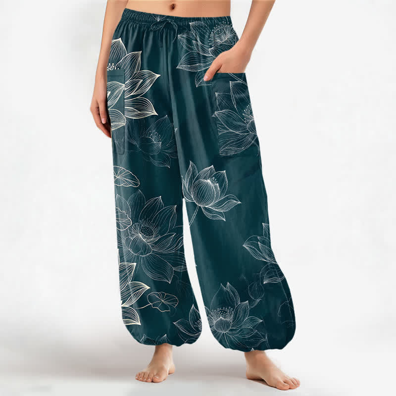Buddha Stones Pantalones harem de mujer con cintura elástica y bolsillos laterales, estampado floral de loto de algodón. - Verde azulado - US16，UK/AU20，EU48 (3XL) - image 10