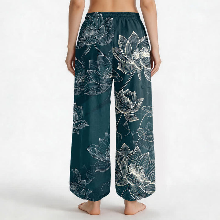 Buddha Stones Pantalones harem de mujer con cintura elástica y bolsillos laterales, estampado floral de loto de algodón. - image 12