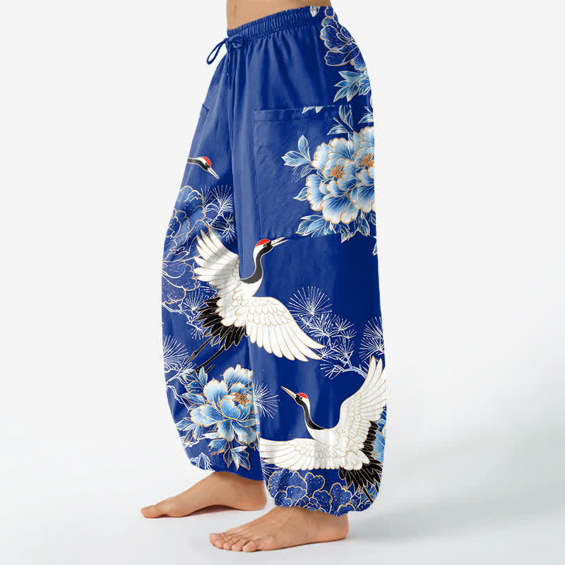 Buddha Stones Pantalones harem de algodón con estampado de grullas orientales y peonías para mujer, con cintura elástica y bolsillos laterales. - image 1