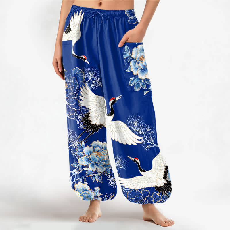 Buddha Stones Pantalones harem de algodón con estampado de grullas orientales y peonías para mujer, con cintura elástica y bolsillos laterales. - Azul real - US16，UK/AU20，EU48 (3XL) - image 0