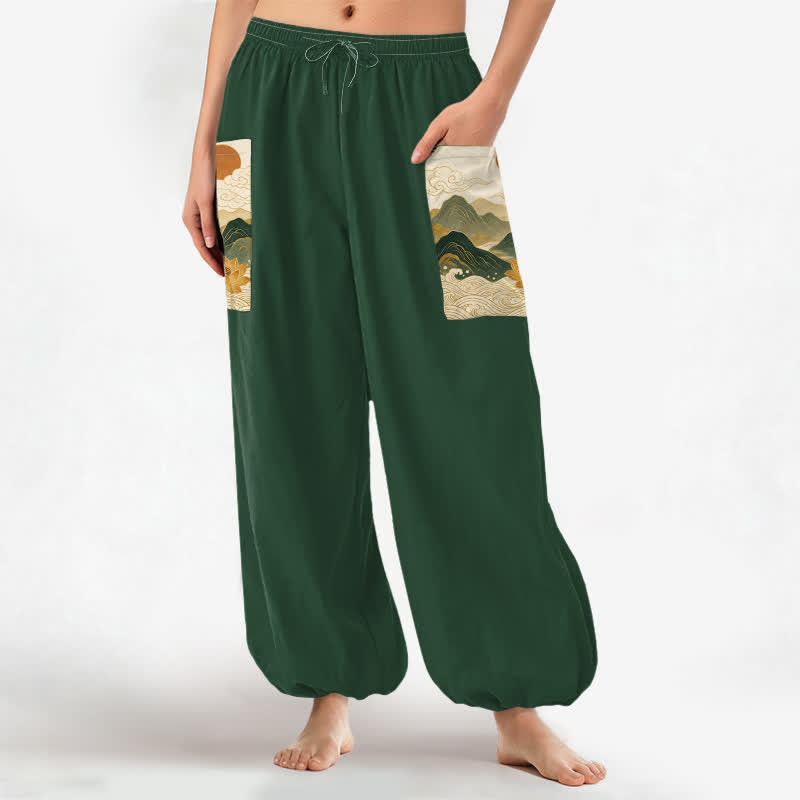 Buddha Stones Pantalones harem de algodón con estampado de loto de montaña oriental para mujer, cintura elástica y bolsillos laterales. - image 1