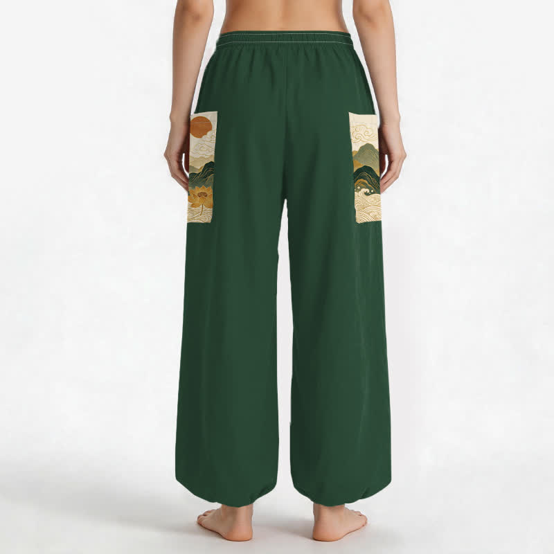 Buddha Stones Pantalones harem de algodón con estampado de loto de montaña oriental para mujer, cintura elástica y bolsillos laterales. - image 2