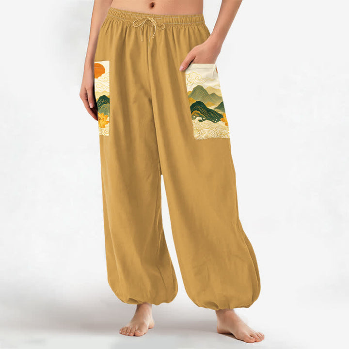 Buddha Stones Pantalones harem de algodón con estampado de loto de montaña oriental para mujer, cintura elástica y bolsillos laterales. - image 8