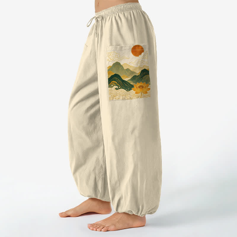 Buddha Stones Pantalones harem de algodón con estampado de loto de montaña oriental para mujer, cintura elástica y bolsillos laterales. - Beige - US16，UK/AU20，EU48 (3XL) - image 10