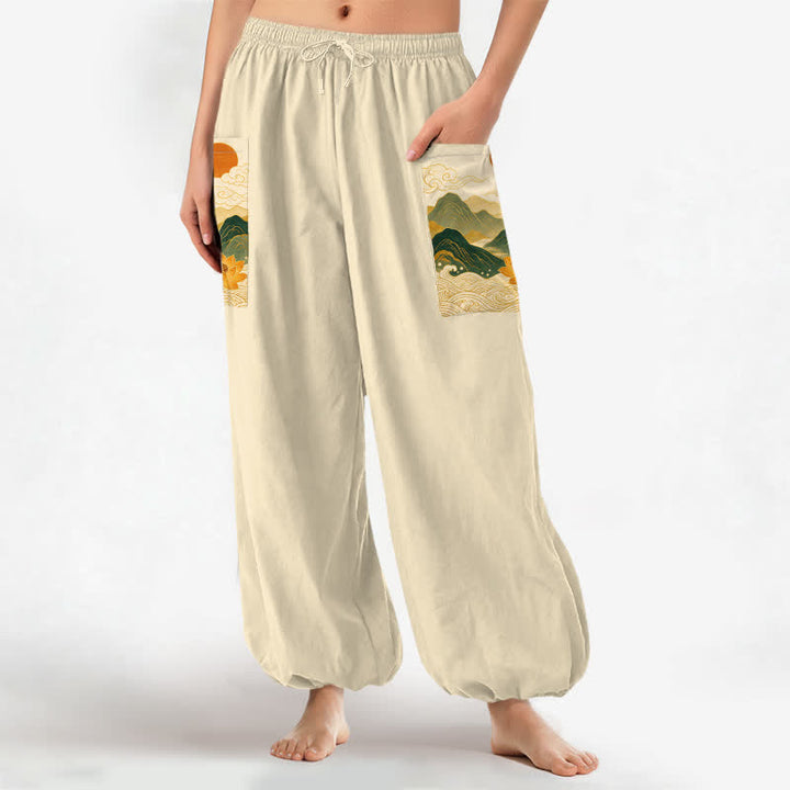 Buddha Stones Pantalones harem de algodón con estampado de loto de montaña oriental para mujer, cintura elástica y bolsillos laterales. - image 11