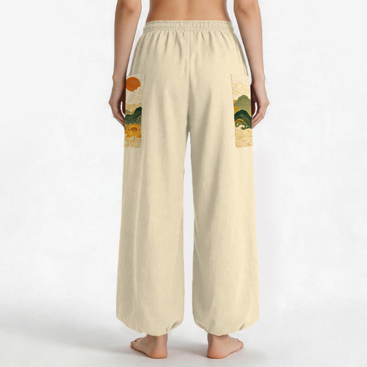 Buddha Stones Pantalones harem de algodón con estampado de loto de montaña oriental para mujer, cintura elástica y bolsillos laterales. - image 12