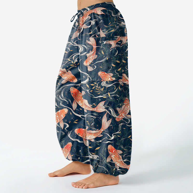 Buddha Stones Pantalones harem de algodón con estampado de olas Koi orientales para mujer, cintura elástica y bolsillos laterales. - image 1