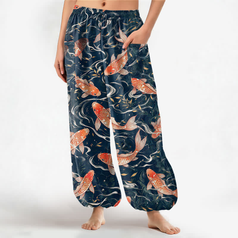Buddha Stones Pantalones harem de algodón con estampado de olas Koi orientales para mujer, cintura elástica y bolsillos laterales. - Gris pizarra oscuro - US16，UK/AU20，EU48 (3XL) - image 0