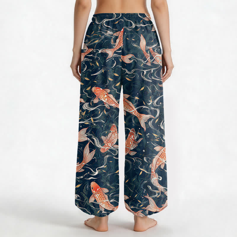 Buddha Stones Pantalones harem de algodón con estampado de olas Koi orientales para mujer, cintura elástica y bolsillos laterales. - image 2