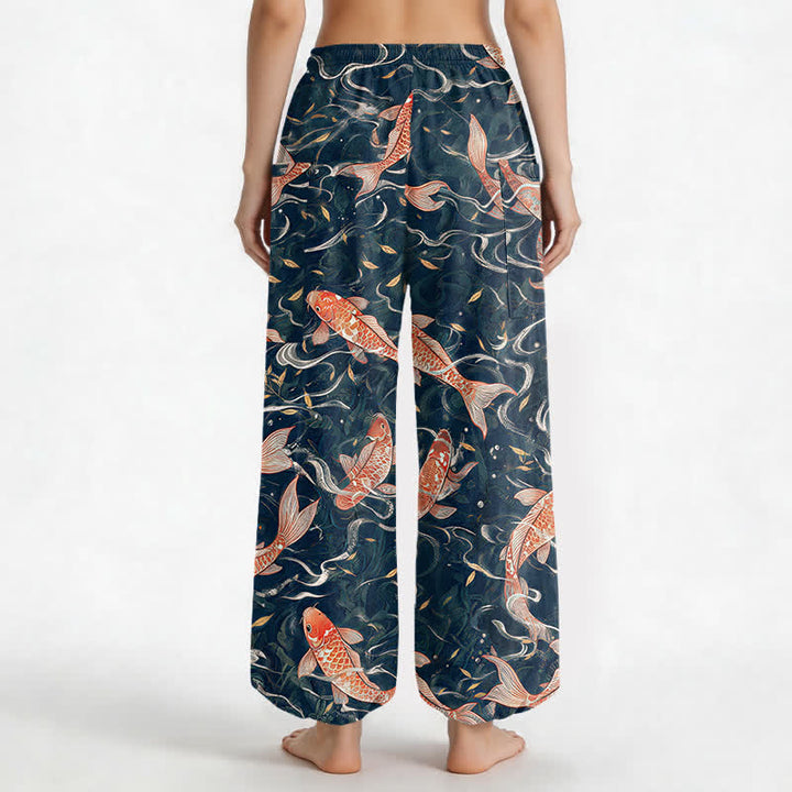 Buddha Stones Pantalones harem de algodón con estampado de olas Koi orientales para mujer, cintura elástica y bolsillos laterales. - image 2