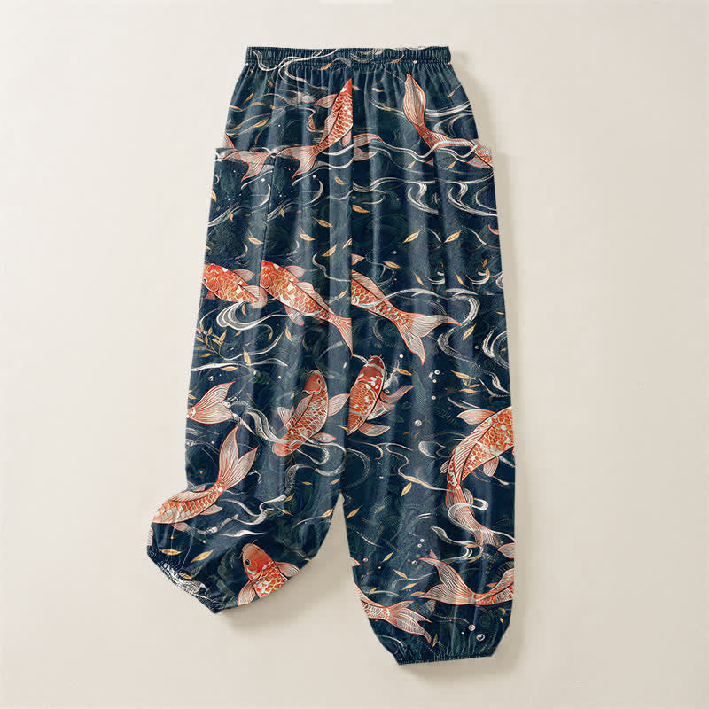Buddha Stones Pantalones harem de algodón con estampado de olas Koi orientales para mujer, cintura elástica y bolsillos laterales. - image 3