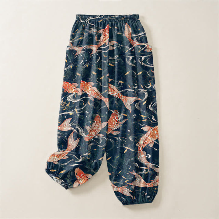 Buddha Stones Pantalones harem de algodón con estampado de olas Koi orientales para mujer, cintura elástica y bolsillos laterales. - image 3