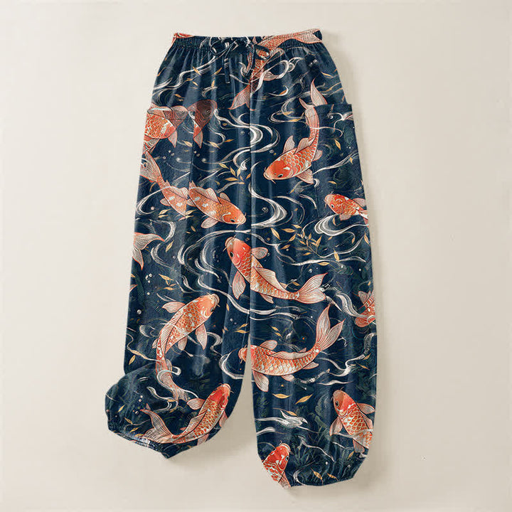 Buddha Stones Pantalones harem de algodón con estampado de olas Koi orientales para mujer, cintura elástica y bolsillos laterales. - image 4