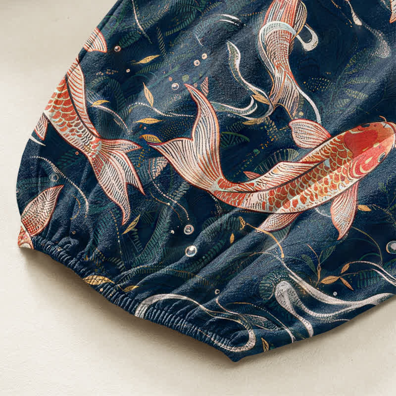 Buddha Stones Pantalones harem de algodón con estampado de olas Koi orientales para mujer, cintura elástica y bolsillos laterales. - image 6