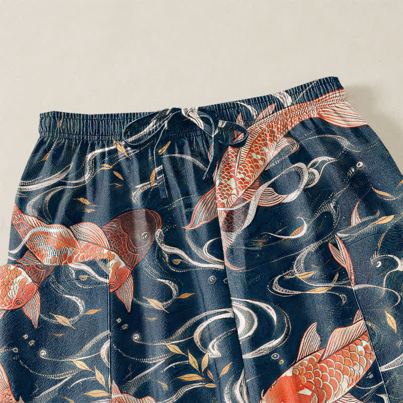 Buddha Stones Pantalones harem de algodón con estampado de olas Koi orientales para mujer, cintura elástica y bolsillos laterales. - image 5
