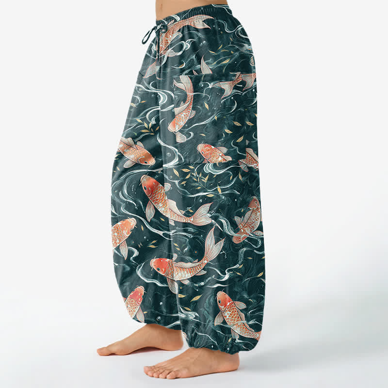 Buddha Stones Pantalones harem de algodón con estampado de olas Koi orientales para mujer, cintura elástica y bolsillos laterales. - image 8